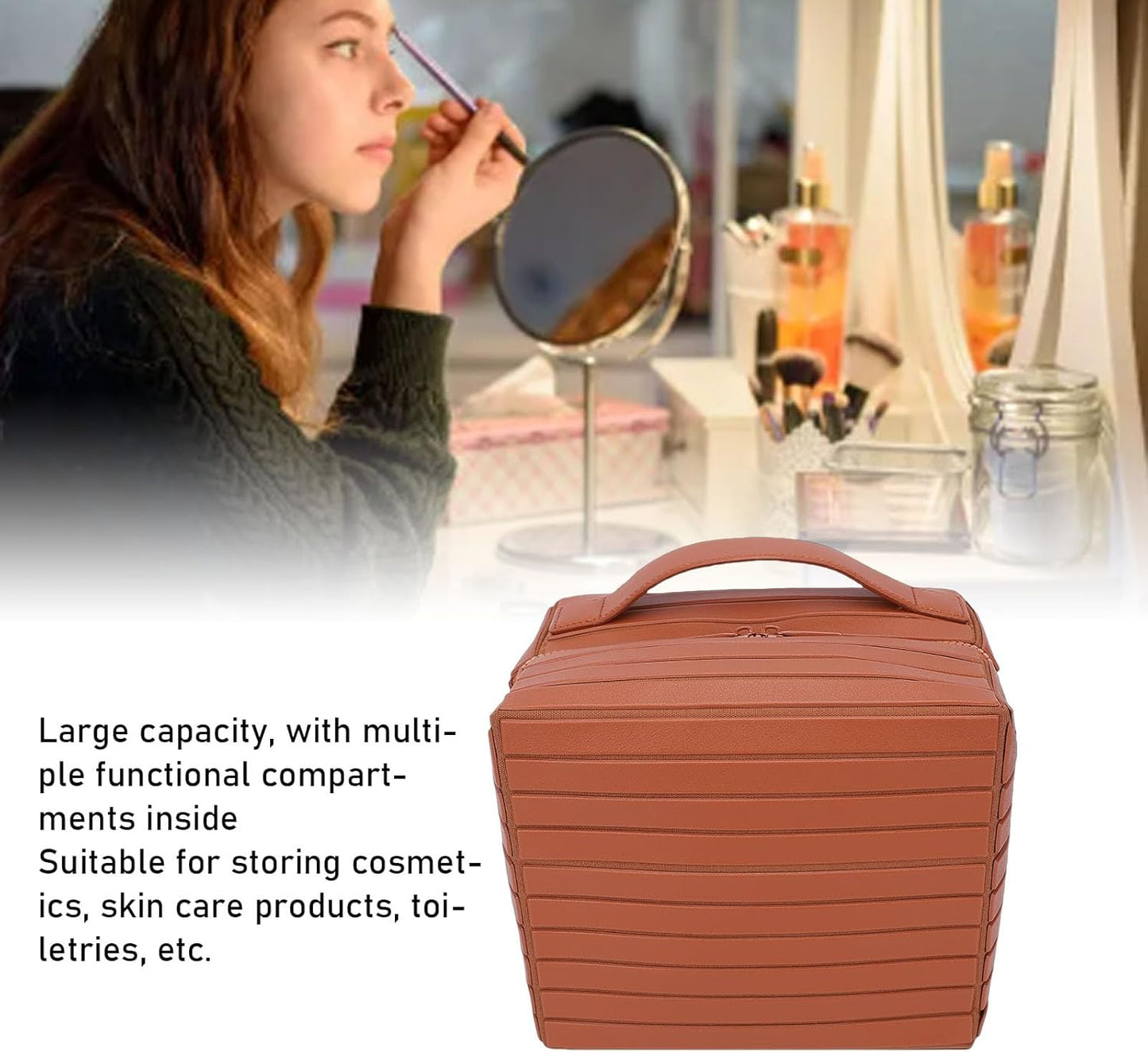 Travel Makeup Bag - Large Capacity Cosmetic Organizer for Women | Waterproof Soft PU Leather - Brown 22.5cm x 15cm