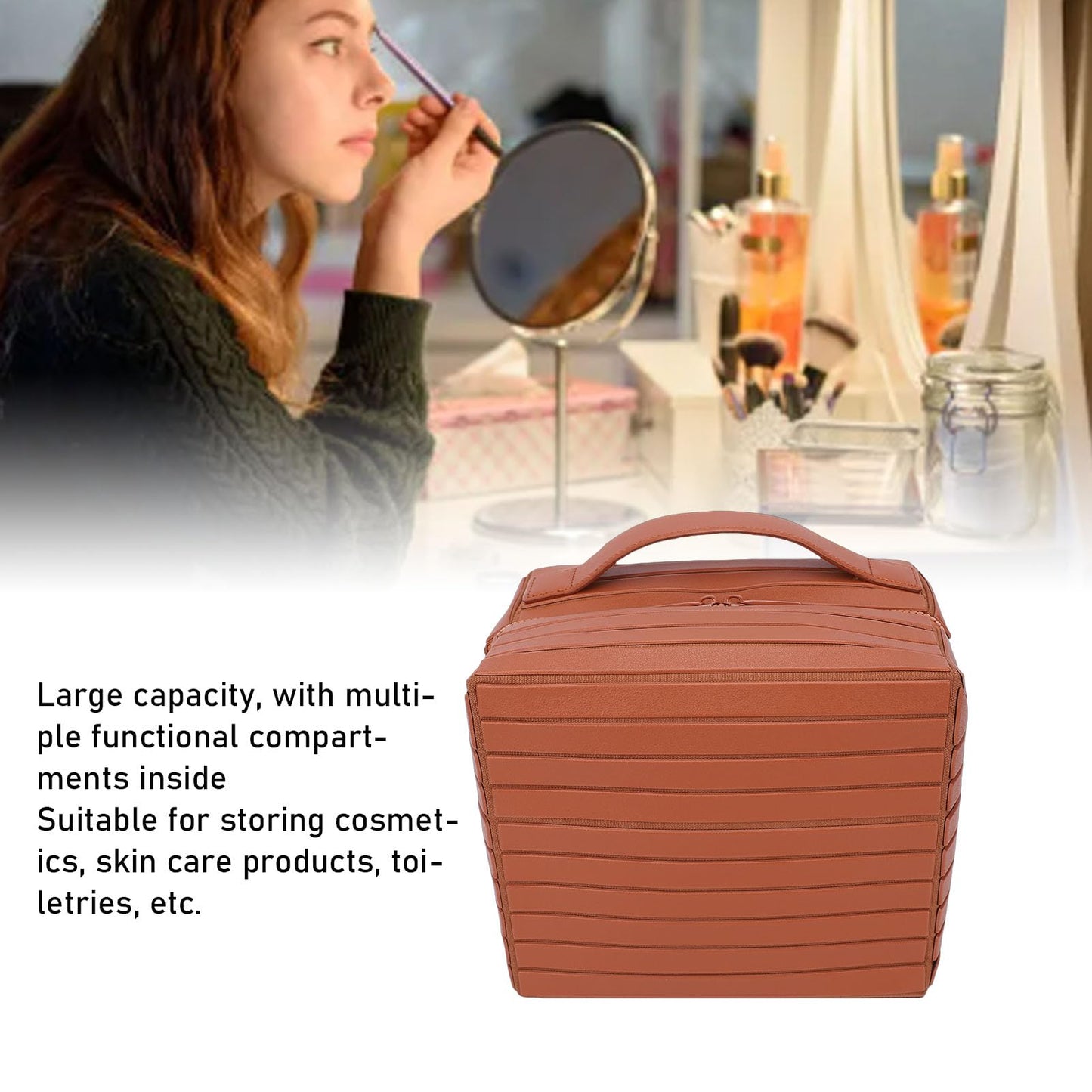 ciciglow Travel Makeup Bag, 22.5cm/8.86inch×15cm/5.91in Large Capacity Cosmetic Bags for Women, Fold Down Water Proof Toiletry Bag, Pull Open Design Soft PU Leather(Brown)