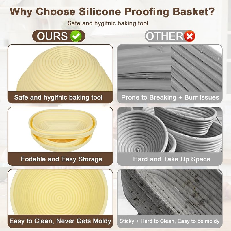 Silicone Sourdough Starter Kit - Upgraded 9" Round & 10" Oval Banneton Bread Proofing Basket | Non-Stick, Foldable Design with Baking Tools