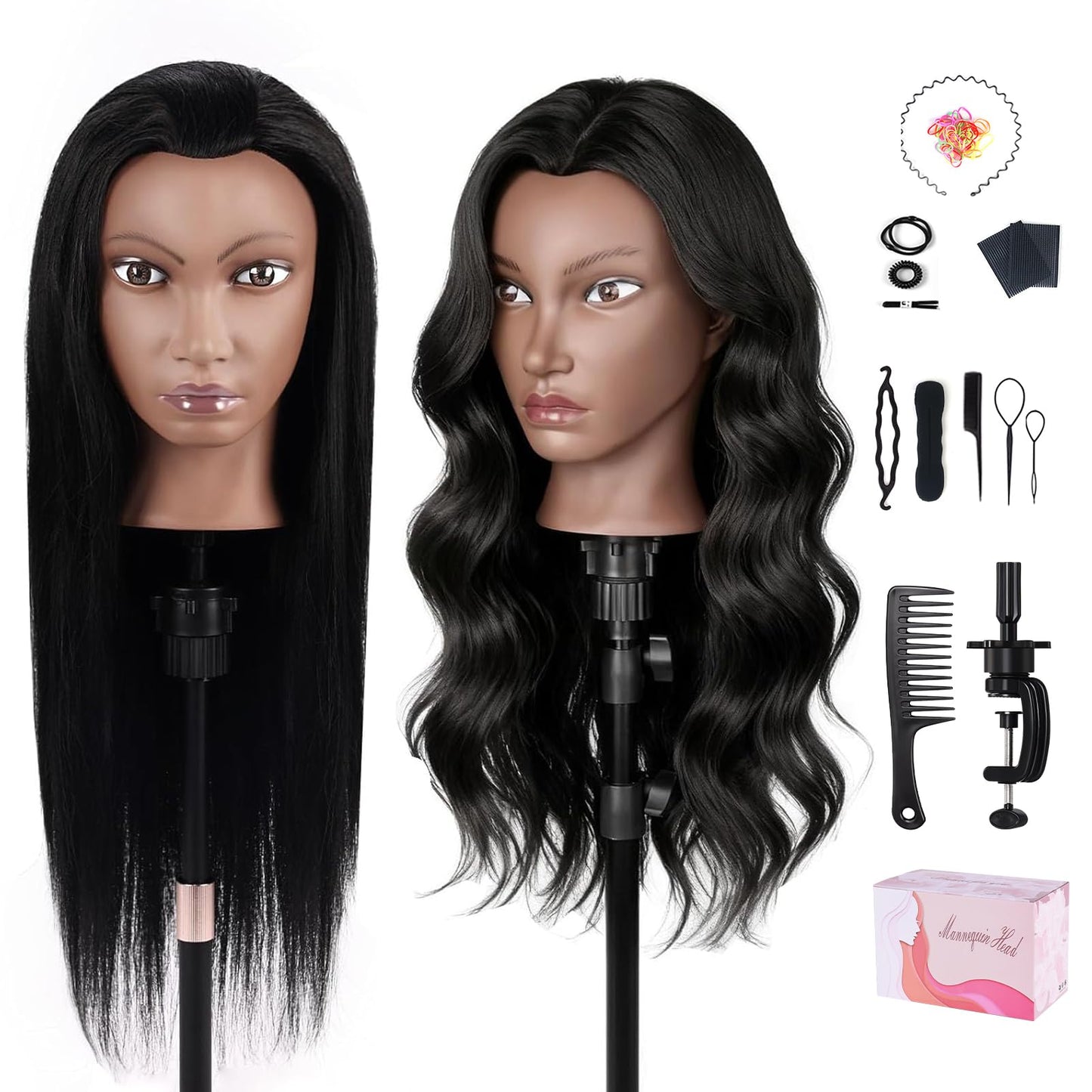 100% Real Hair Mannequin Head,TopDirect 26''Black Hairdresser Cosmetology Doll Head Styling,Manikin Heads Hairs Braiding DIY Styling with Clamp Holder and Tools Set