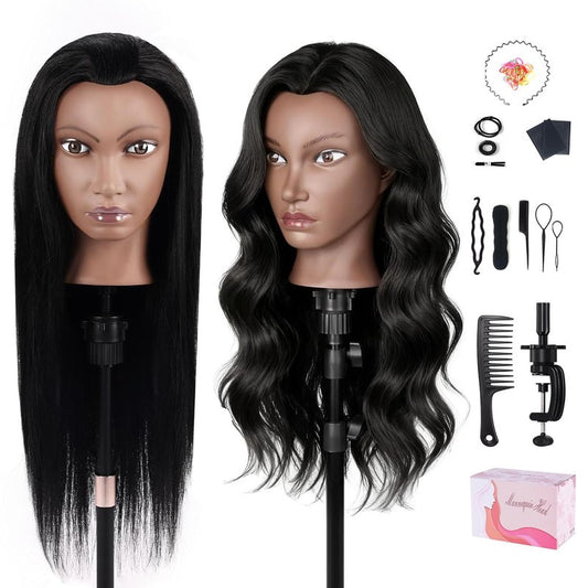 100% Real Hair Mannequin Head,TopDirect 26''Black Hairdresser Cosmetology Doll Head Styling,Manikin Heads Hairs Braiding DIY Styling with Clamp Holder and Tools Set