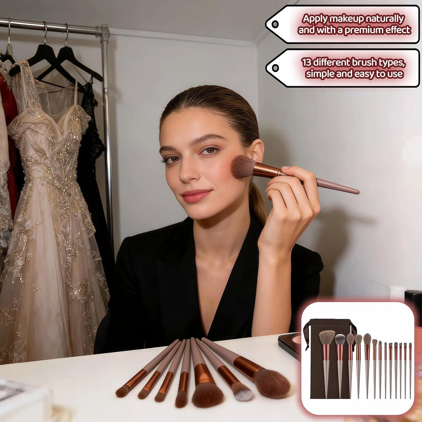 Makeup Brush Set - 13 Piece Professional Cosmetic Brushes | Hypoallergenic Synthetic Bristles for Face & Eye Application (Brown)