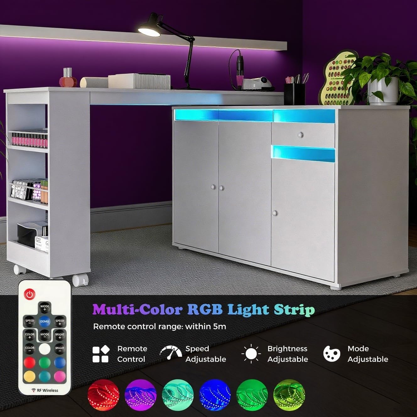HolaiNail L-Shaped Manicure Table with Dust Collector, Nail Tech Desk with Storage Cabinet, Drawer, Rotating & Convertible Nail Workstation with LED Light, White