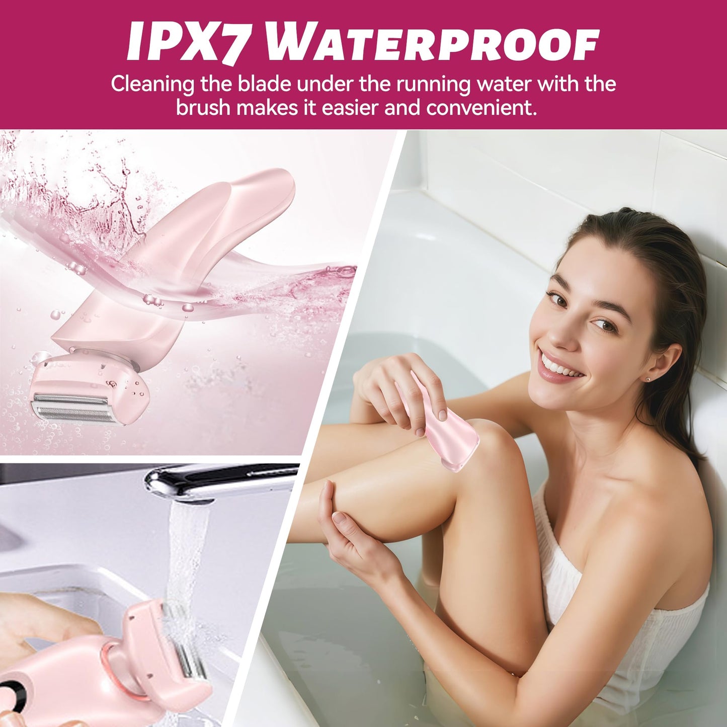 NaTuGi 2 in 1 Electric Shaver for Women Wet Dry Dual Use IPX7 Waterproof with LED Display USB Recharge Dock Dry Use Body Hair Trimmer and Facial Hair Remover for Bikini Underarm Leg Arm Face (Pink)