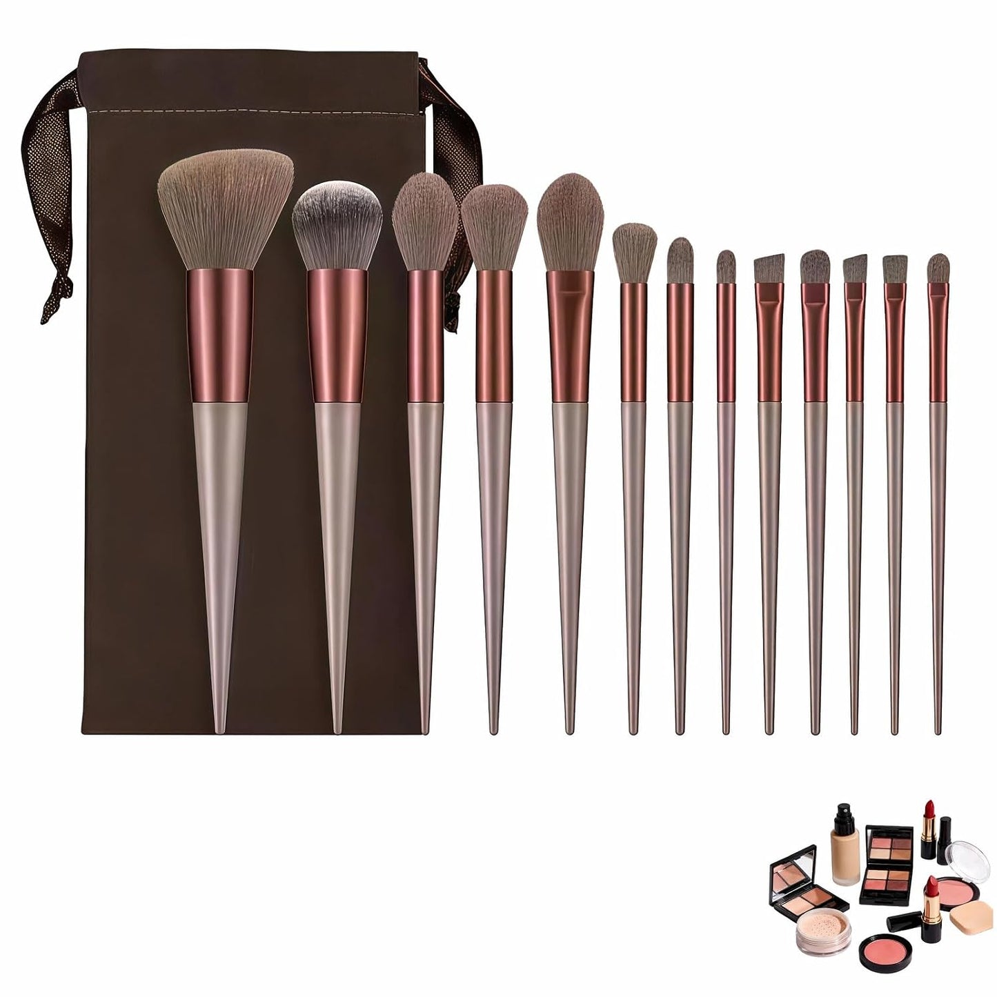 Makeup Brush Set - 13 Piece Professional Cosmetic Brushes | Hypoallergenic Synthetic Bristles for Face & Eye Application (Brown)