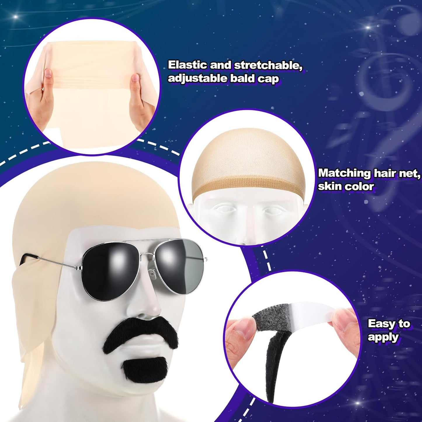 Bald Caps for Halloween | Mepase Costume Accessories with Glasses & Mustache for Men & Women