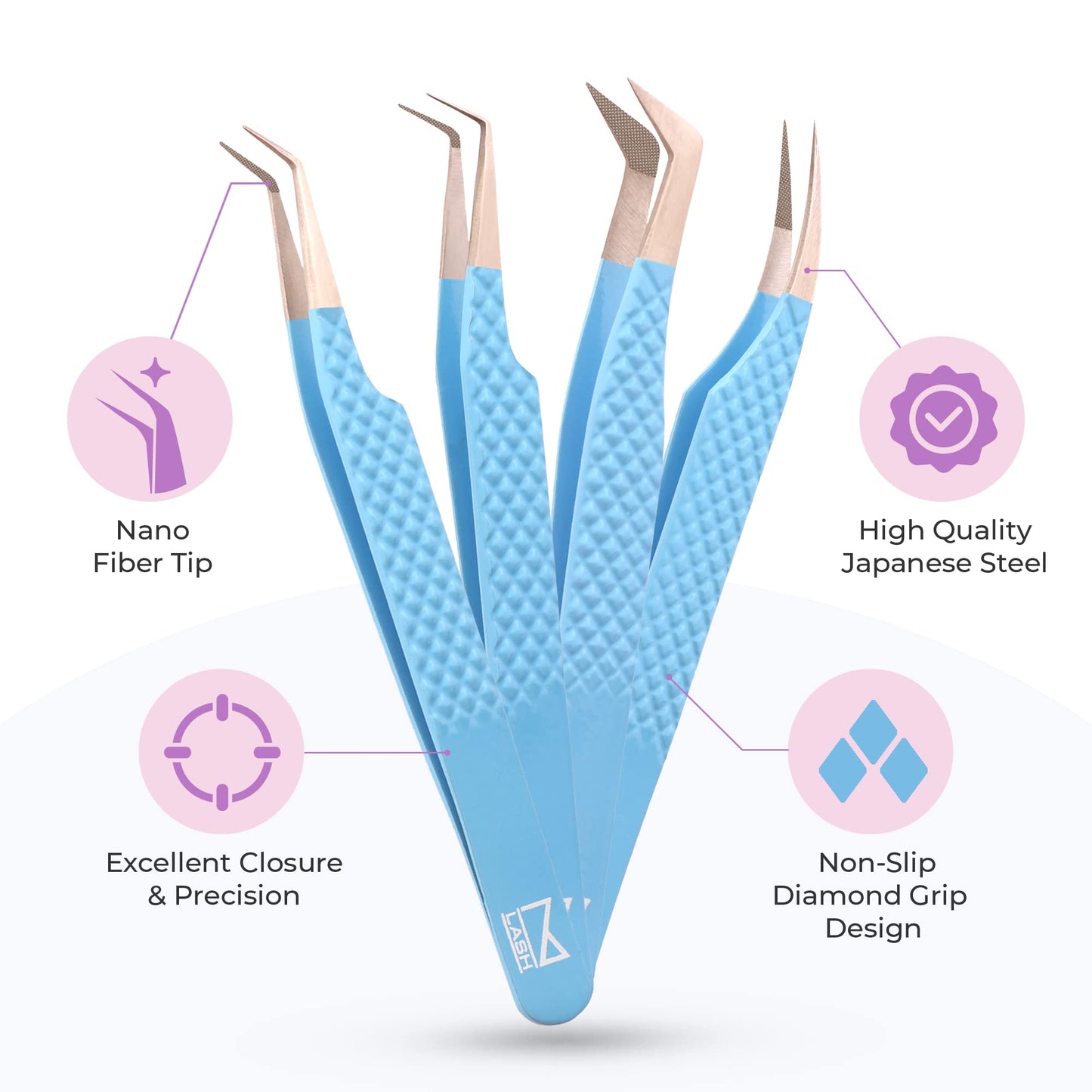 M LASH Eyelash Extension Tweezers (Set of 4) - Professional & Precision Lash Tweezers for Eyelash Extensions - Japanese Steel, Diamond Grip, Fiber Tip V5 (Teal)