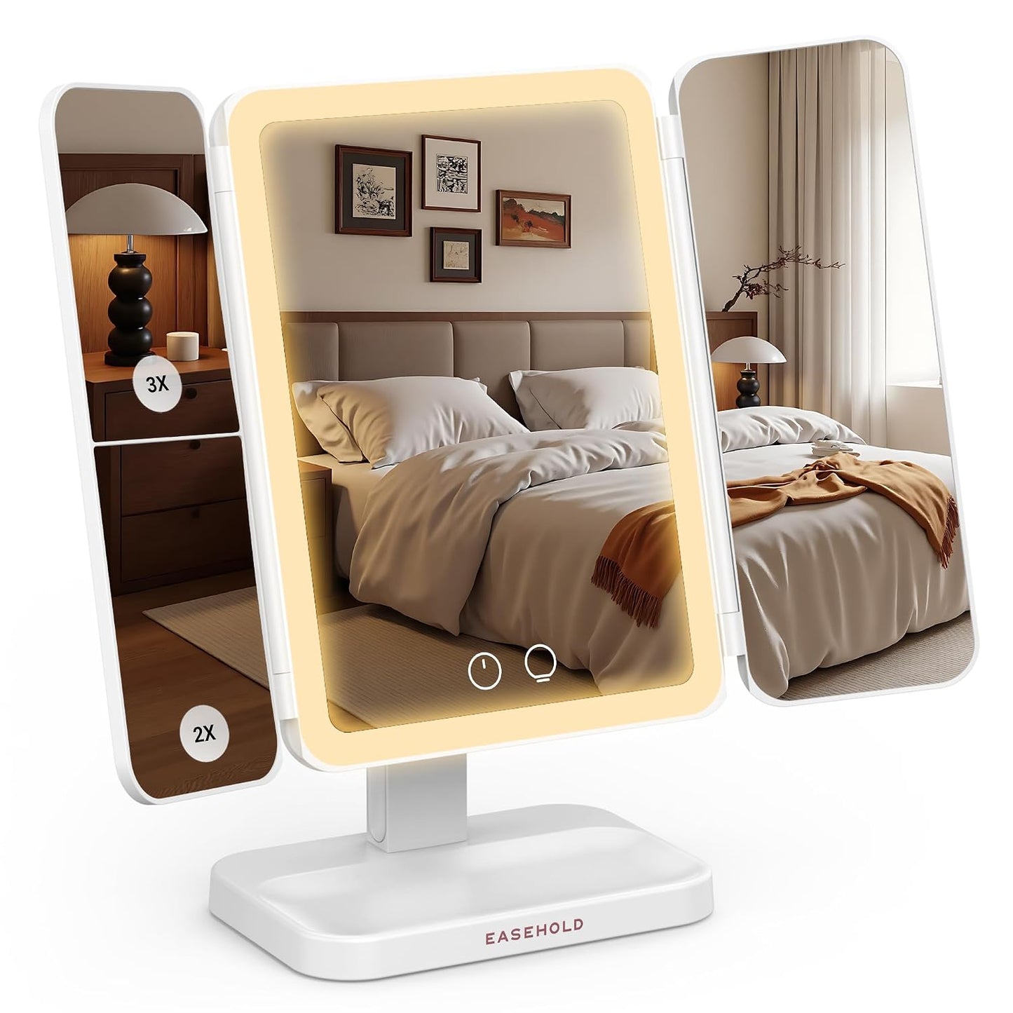 Rechargeable Trifold Lighted Makeup Mirror - 1X/2X/3X Magnification, 3 Color LED Lights | Foldable Vanity Mirror for Travel & Home