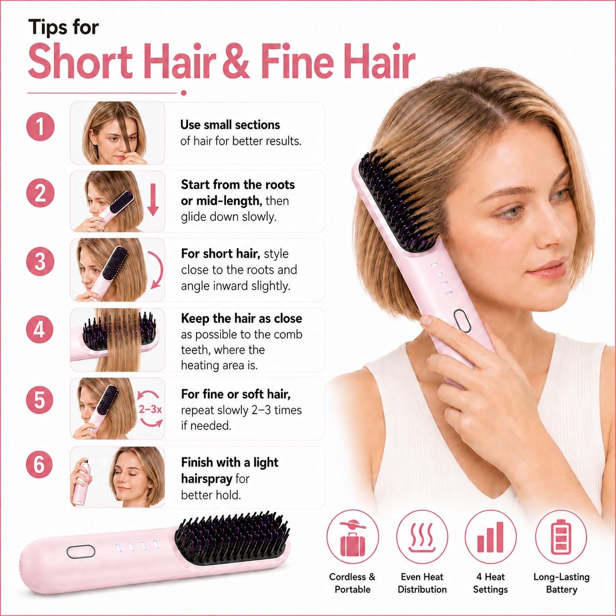 Go Brush Pro Cordless Hair Straightening Brush - 2026 Upgrade with 4 Heat Settings, MCH Ceramic Care | Pink