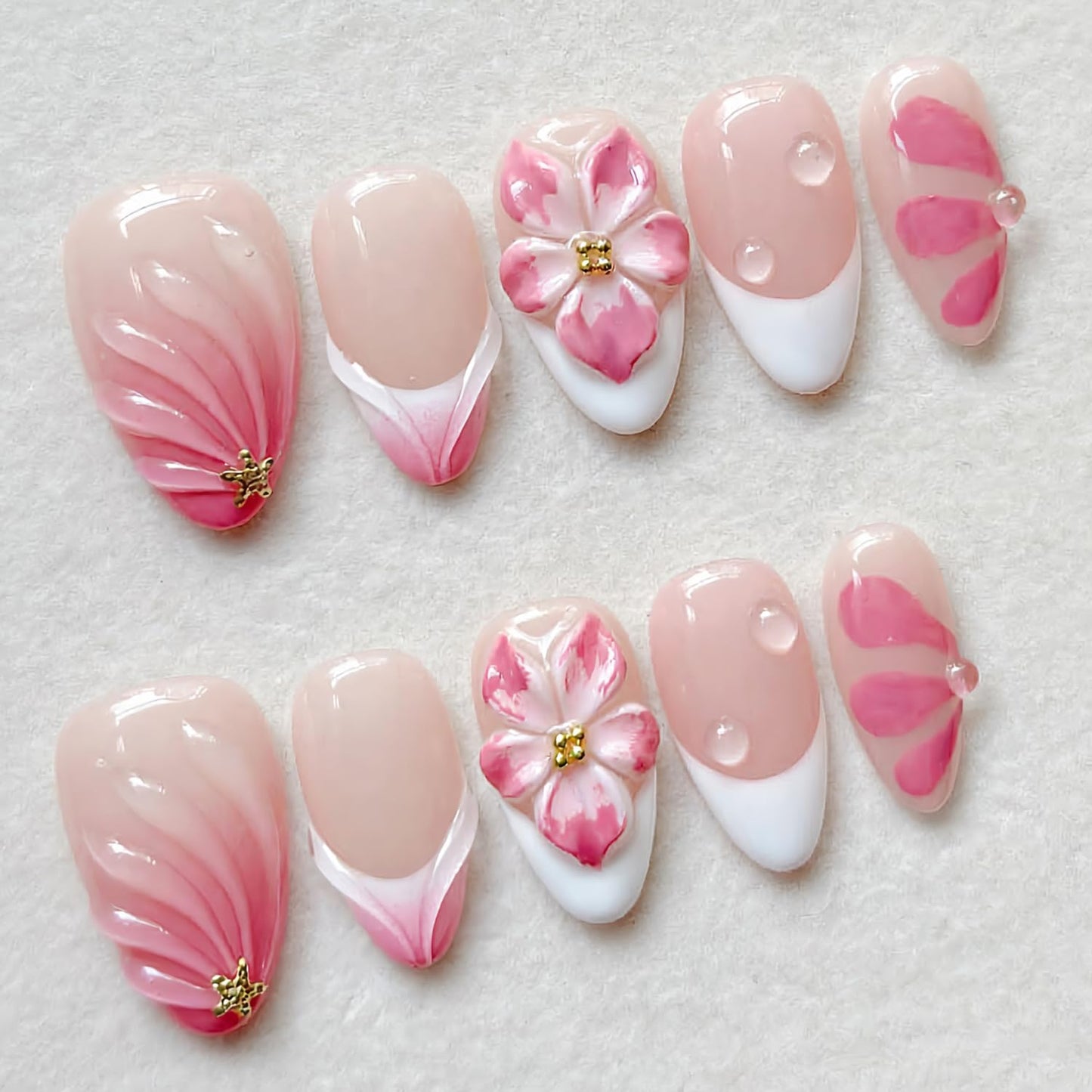 Almond Press On Nails - 30Pcs Medium Fake Nails with 3D Floral Art | Red French Gradient Acrylic for Women