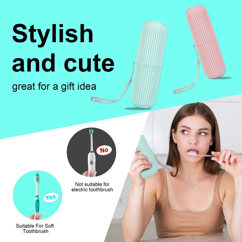 UCEC Travel Toothbrush Case, Toothbrush Holder Travel, Toothbrush Case for Traveling, Camping, Home, School, Business, Bathroom, 7.7" x 2.36" x 2.36" for Soft Toothbrush Up To 7.4 inch (Green, Pink)