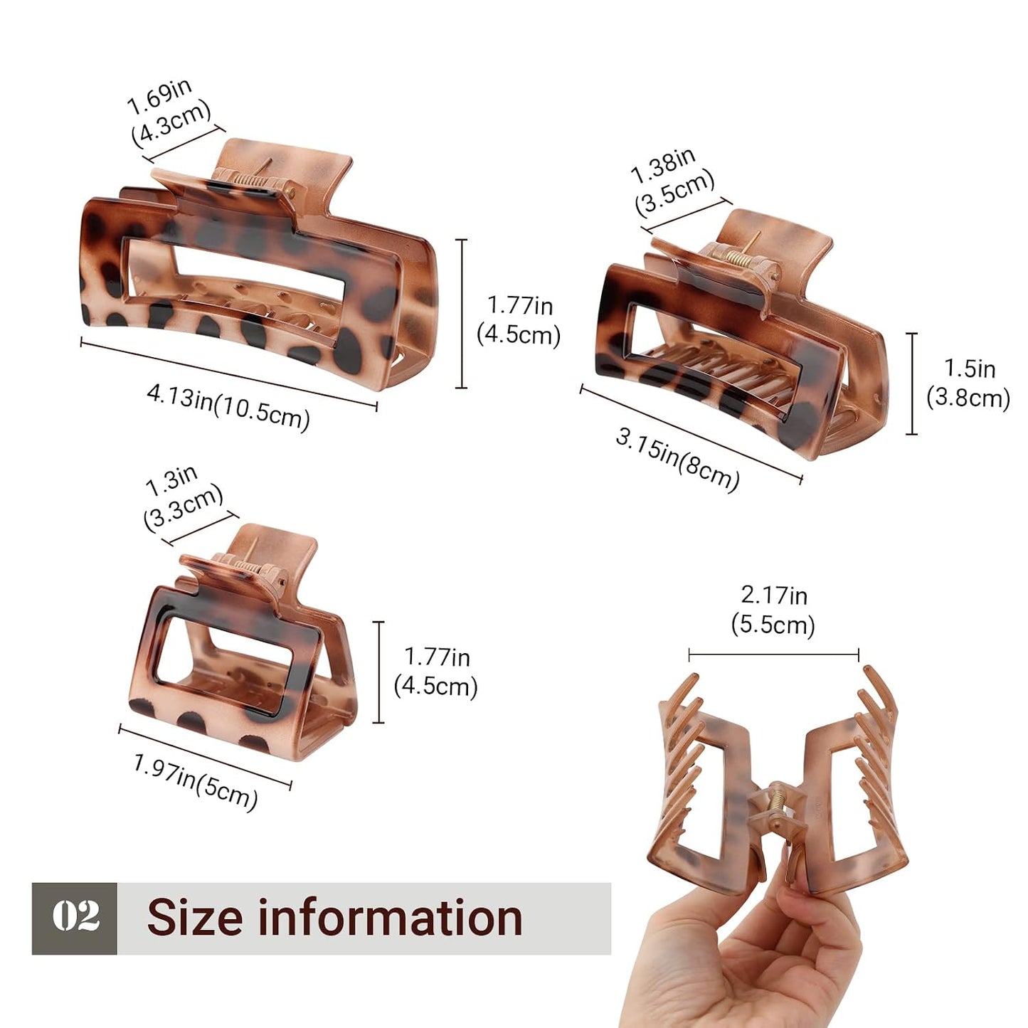 Leopard Print Hair Claw Clips - 3 Strong Hold Jaw Clips for Thick Hair | Coffee Color