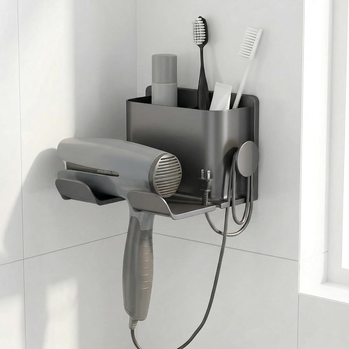Wall Mounted Bathroom Organizer Rack - No Drill Adhesive Storage Holder for Hair Dryer, Combs, Makeup | Durable Grey Plastic