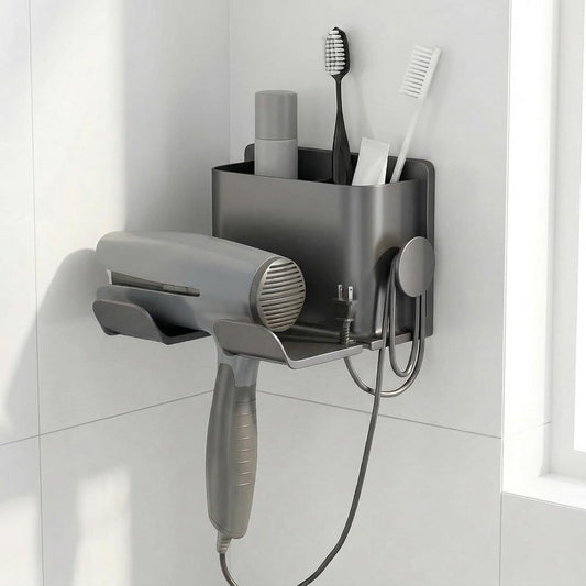 Wall Mounted Bathroom Organizer Rack - No Drill Adhesive Storage Holder for Hair Dryer, Combs, Makeup | Durable Grey Plastic