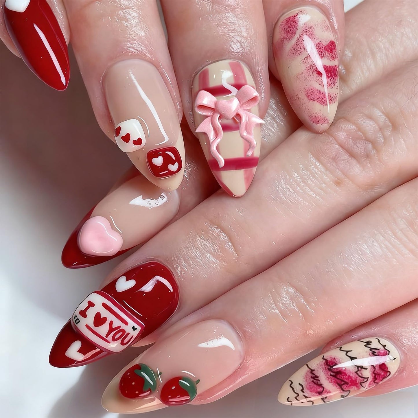 Leopard Print Press-On Nails - 30 Pcs Medium Almond Acrylic with Heart Pearl Bow & Rhinestones | Romantic Valentine’s French Tip Design