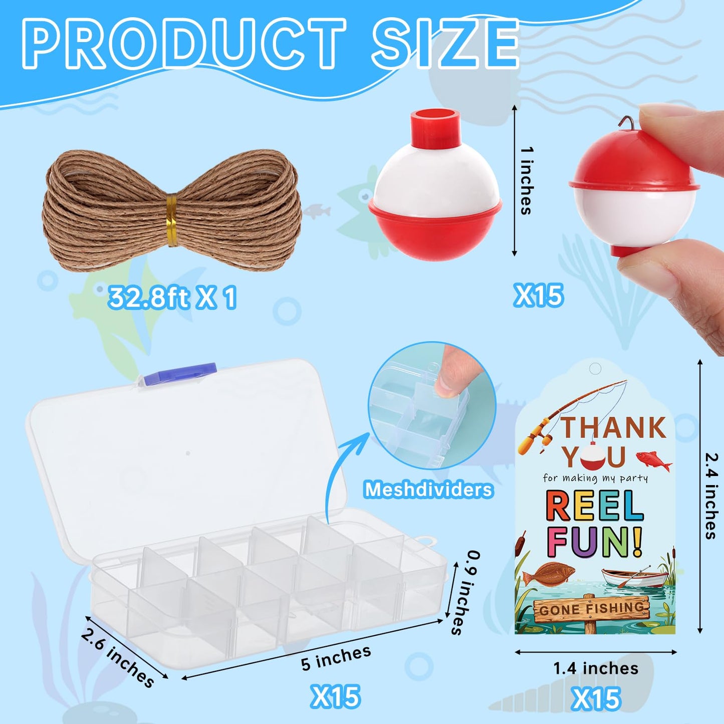PLUVAVA 15 Pieces Fishing Party Favors Little Candy Tackle Boxes with Red White Floater Thank You Cards for Making Fishing Themed Birthday Party Decorations (15 PCS)