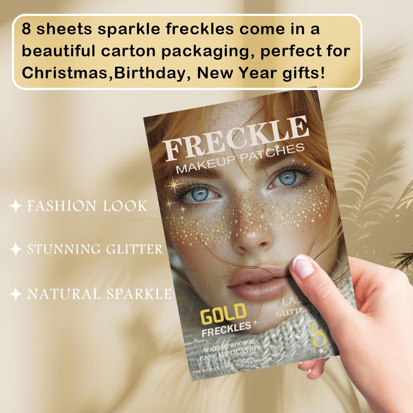 Gold Face Makeup Patches - 8 Pcs Glitter Freckles Temporary Tattoos | Waterproof Face Glitter for Women & Girls