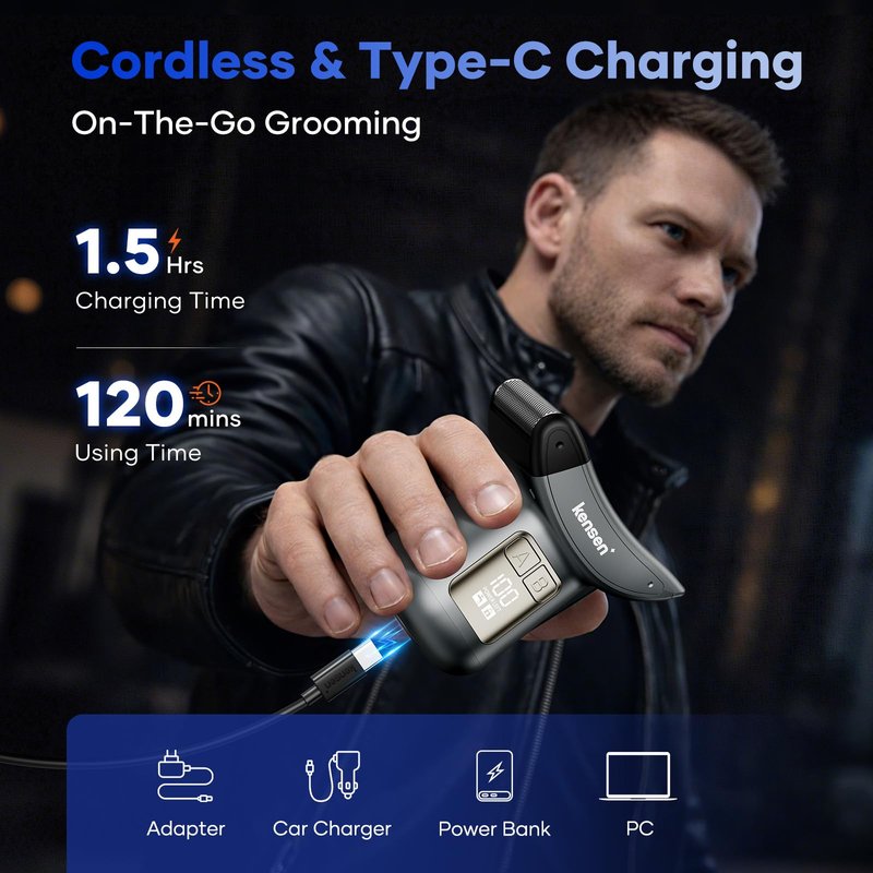 kensen Back Hair Trimmer – 2-in-1 Dual Blade (Foil + T-Blade) LED Power Display IPX6 Waterproof Type-C Fast Charging Extendable Handle for Men’s Body Grooming for Back Chest Shoulders Foot Hair