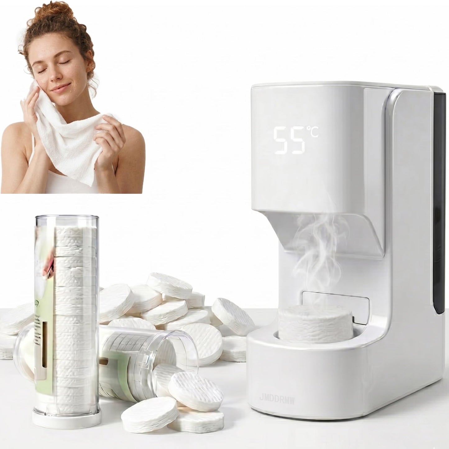 Hot Face Towel Heater Machine Smart Hot Face Towel Dispenser 5-Second Rapid Heating Automatic Heating & Dispensing 55°C(131°F) Constant Temp 20 Compressed Towels for Facials Spa Cleaning(1set)