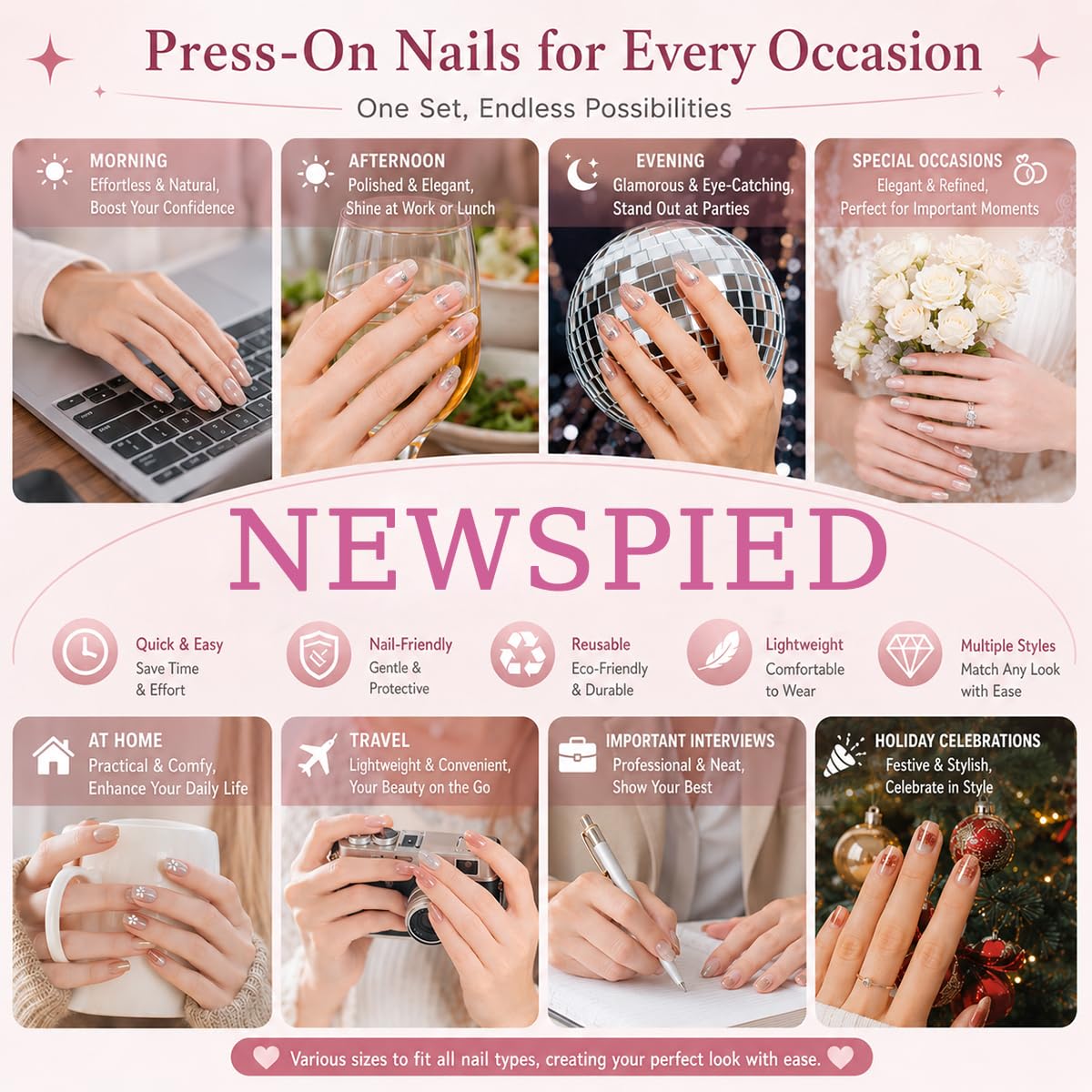 Gothic Press On Nails - Medium Almond 3D Metallic Rhinestone Design | 24 Pcs Black Acrylic False Nails for Women