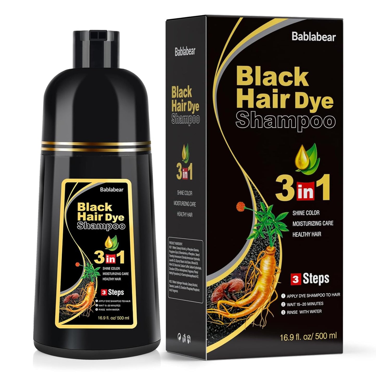 Black Hair Dye Shampoo - Semi-Permanent Gray Coverage for Men & Women | 500ml