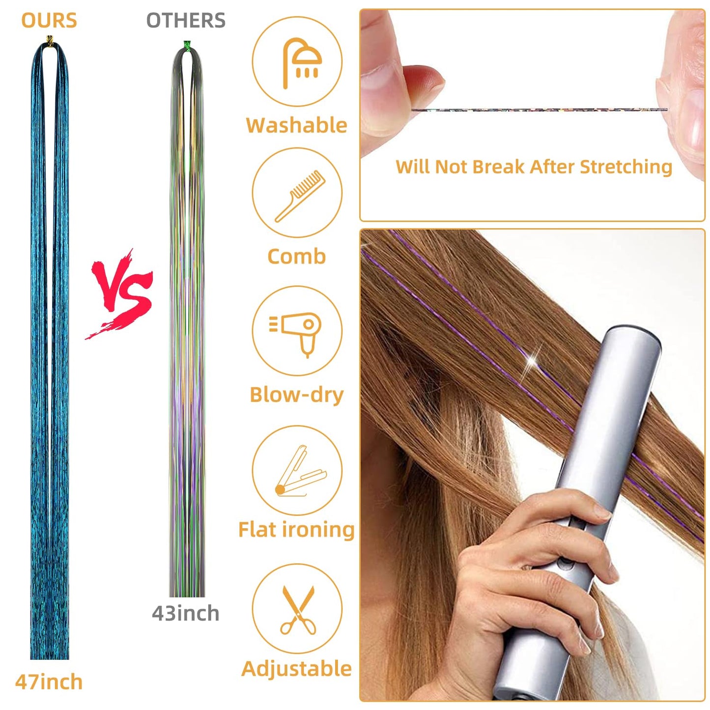 20 Colors Hair Tinsel Kit, 47 Inches 4800 Strands Glitter Tinsel Hair Extensions, Heat Resistant Fairy Hair Tinsel Kit with Tools for Girls Women Christmas New Year Halloween Cosplay Party