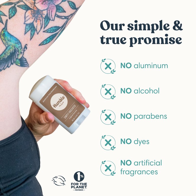 Humble Aluminum-Free Deodorant for Women & Men, Simply Unscented - Clean & Fresh Natural Deodorant Stick with Essential Oils for Long-Lasting Odor Control - 3 Pack
