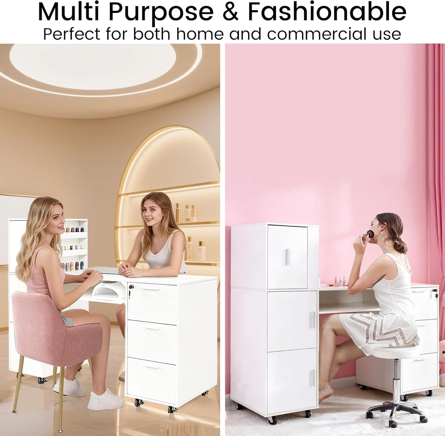 Manicure Table - 56 Inch Nail Desk with 3 Cabinets, 3 Drawers & Power Outlet | Professional Salon Workstation