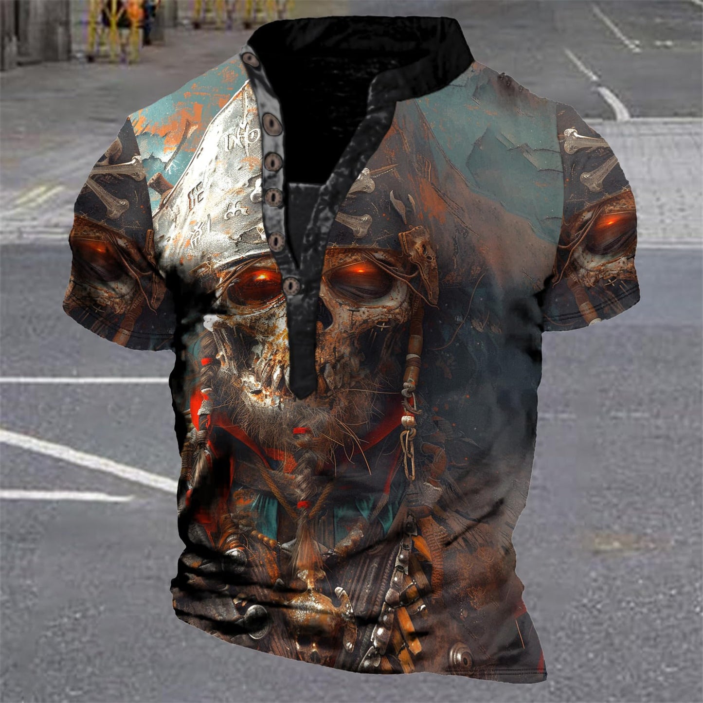Big and Tall Henley Shirts for Men Skull Print Short Sleeve Pullover Half Button Stand Collared Casual Funny Fashion Tshirts Novelty Gym Workout Slim Fit Tunic Tops for Men,3XL