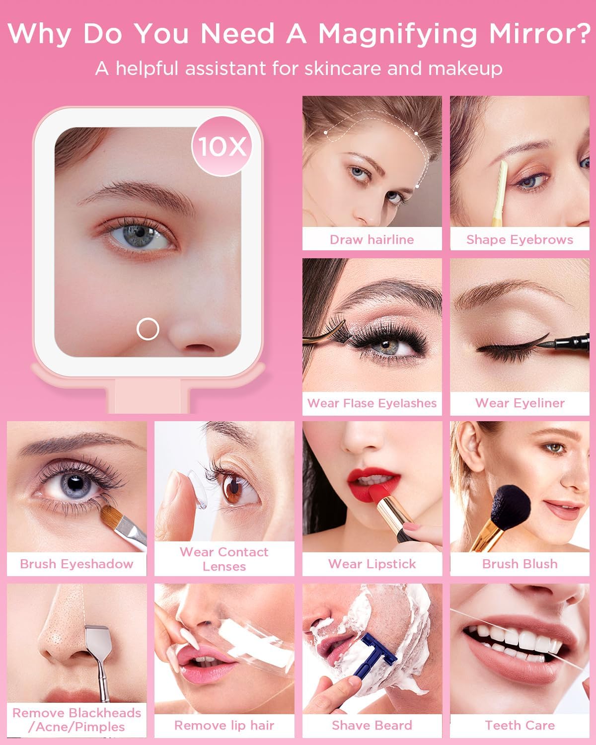 Magnifying Makeup Mirror with LED Light - Double-Sided 10X/1X | Dimmable Touch Screen & Storage Bag - Pink (10.3 x 5.2 IN)