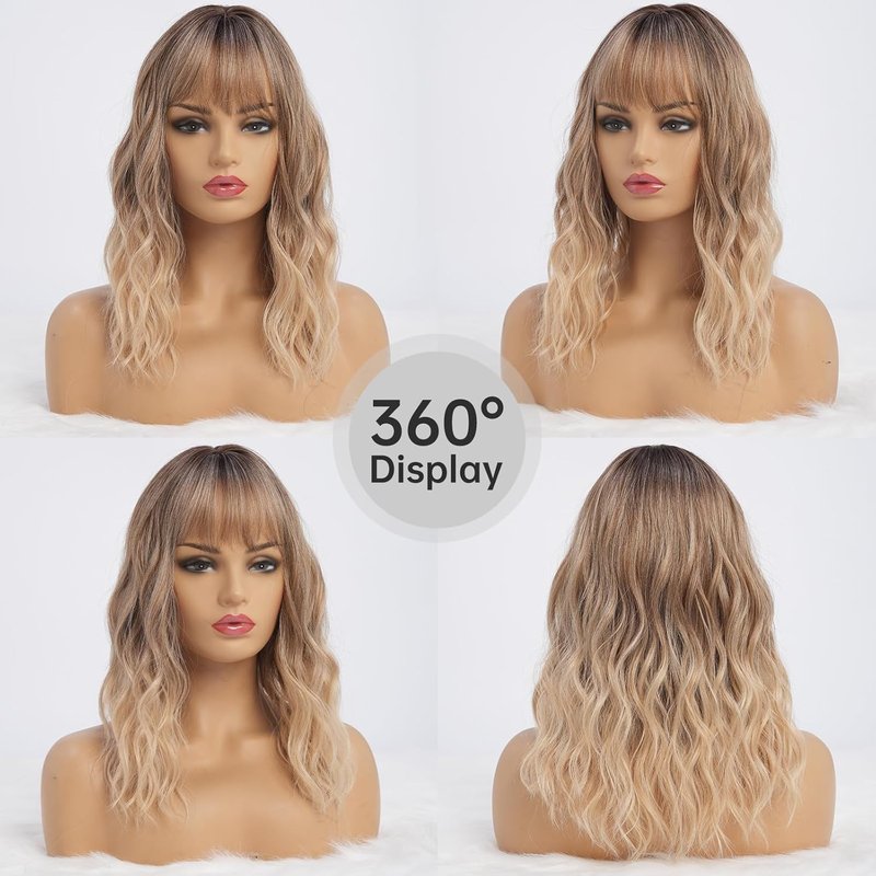Wavy Ombre Blonde Wig with Bangs - Medium Length Synthetic Hair | Heat Resistant for Daily Use (16 Inch)