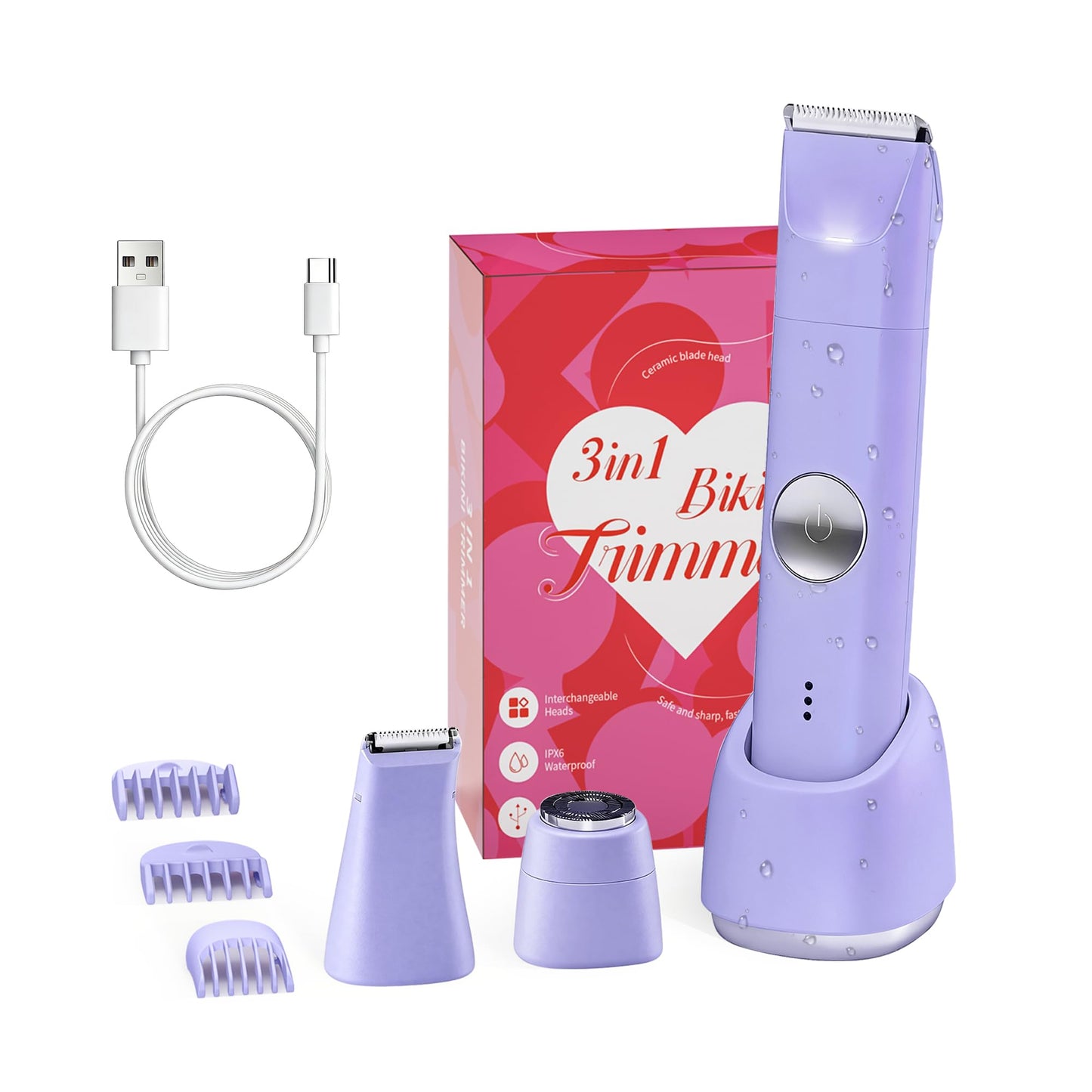 Likefun Bikini Trimmer for Women - 3-in-1 Painless Electric Razor, Ceramic Blade Cordless Body & Facial Shaver for Face, Legs & Pubic Hair, Wet & Dry Use, USB-C Rechargeable, Gifts for Women (Purple)