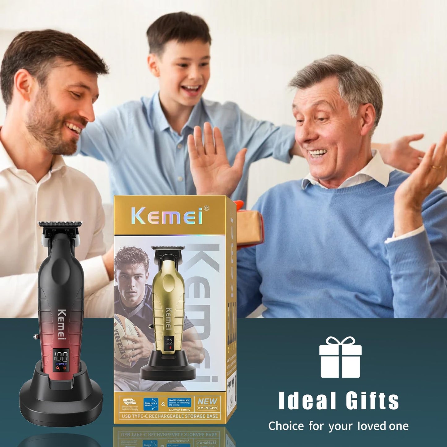 KEMEI Hair/Beard Trimmer for Men, Cordless Professional Hair Clippers for Hair Cutting with LED Display, T-Blade Barber Clippers with Charging Base, KM-PG2499 Black