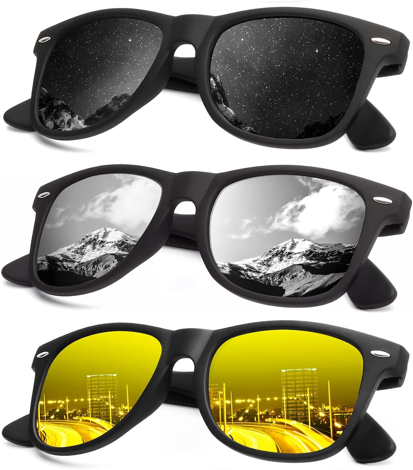 KALIYADI Polarized Sunglasses - Matte Finish, UV Blocking, Color Mirror Lenses | 3-Pack for Men & Women