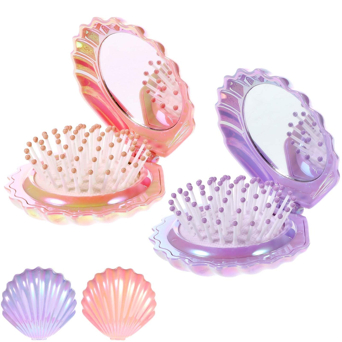 Foldable Travel Hair Brushes with Mirror, Shell Shape Pocket Brush Foldable Comb, Compact Size Hair Massage Comb, Portable Mini Makeup Mirror Set Gifts for Girls (Pink, Purple)