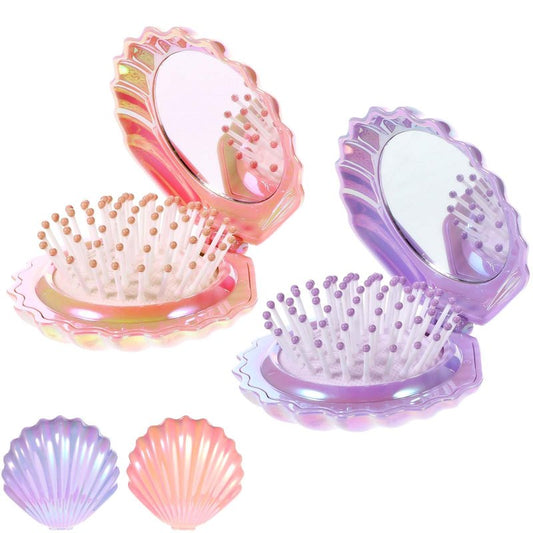 Foldable Travel Hair Brushes with Mirror, Shell Shape Pocket Brush Foldable Comb, Compact Size Hair Massage Comb, Portable Mini Makeup Mirror Set Gifts for Girls (Pink, Purple)