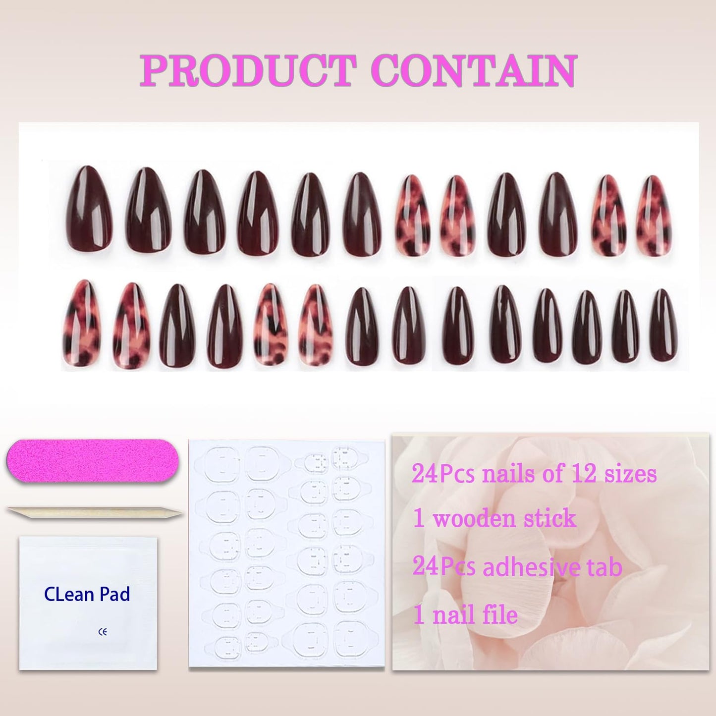 Brown Press on Nails Almond Medium Tortoise Shell Nails Press on Fake Nails with Designs Cheetah False Nails Gel Artificial Acrylic Nail Black Fingernails Full Cover Stick on Nails for Women 24Pcs