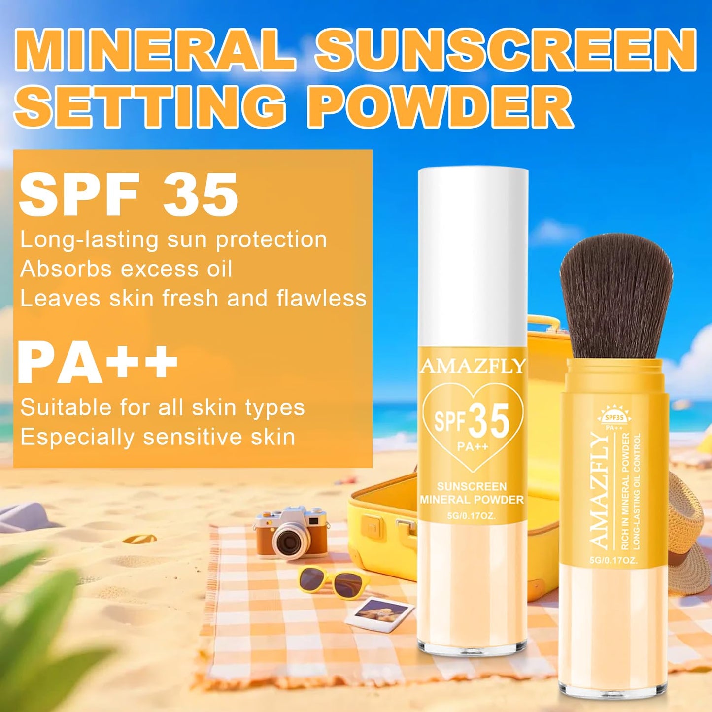 Mineral Sunscreen Setting Powder, SPF 35 Brush Sunscreen Powder for Face & Scalp, Long Lasting Lightweight Breathable, Oil Control Natural Matte Finish for All Skin Type (Medium)