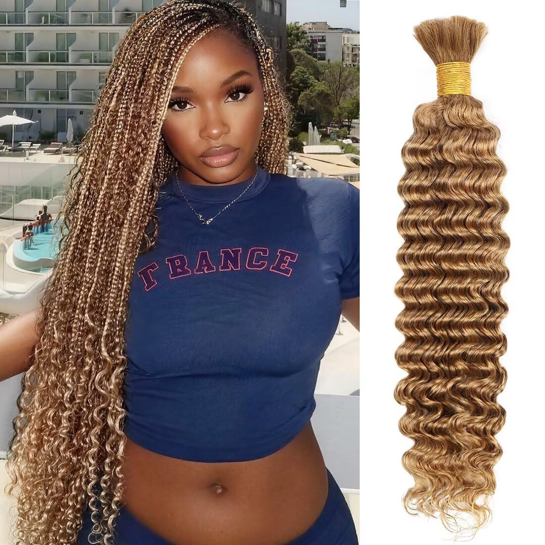 Boho Hair for Braiding, Curly Virgin Human Braiding Hair for Women, 12A Knotless Deep Wave Bulk Bohemian Styles, 50g 26 Inch 1 Bundles/Pack Caramel Honey Blonde Color 27