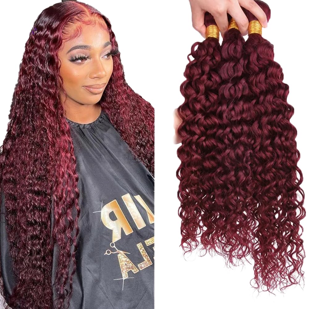 #99J Wine Red Human Hair Bundles Water Wave Bundles 32 32 32 Inch Burgundy Unprocessed Brazilian Virgin Hair 3 Bundle 50 Gram Per Bundle Deals Quick Weave Hair Extensions