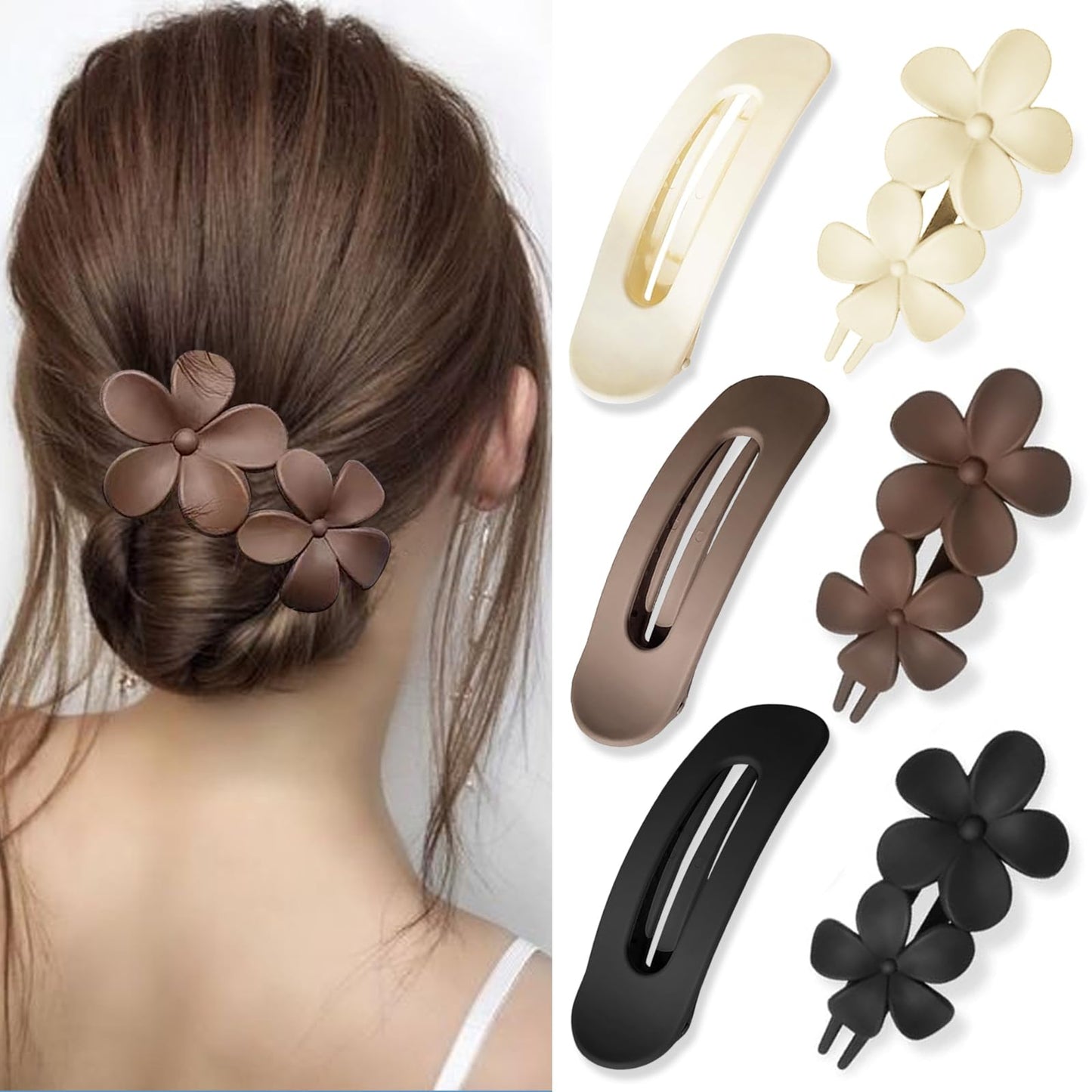 6 Pcs Flat Hair Clips, 2 Styles Claw Clips for Thick Thin Hair,Flower Hair Clips Matte French Hair Barrette Stylish Lay Flat Hair Accessories for Women Girls