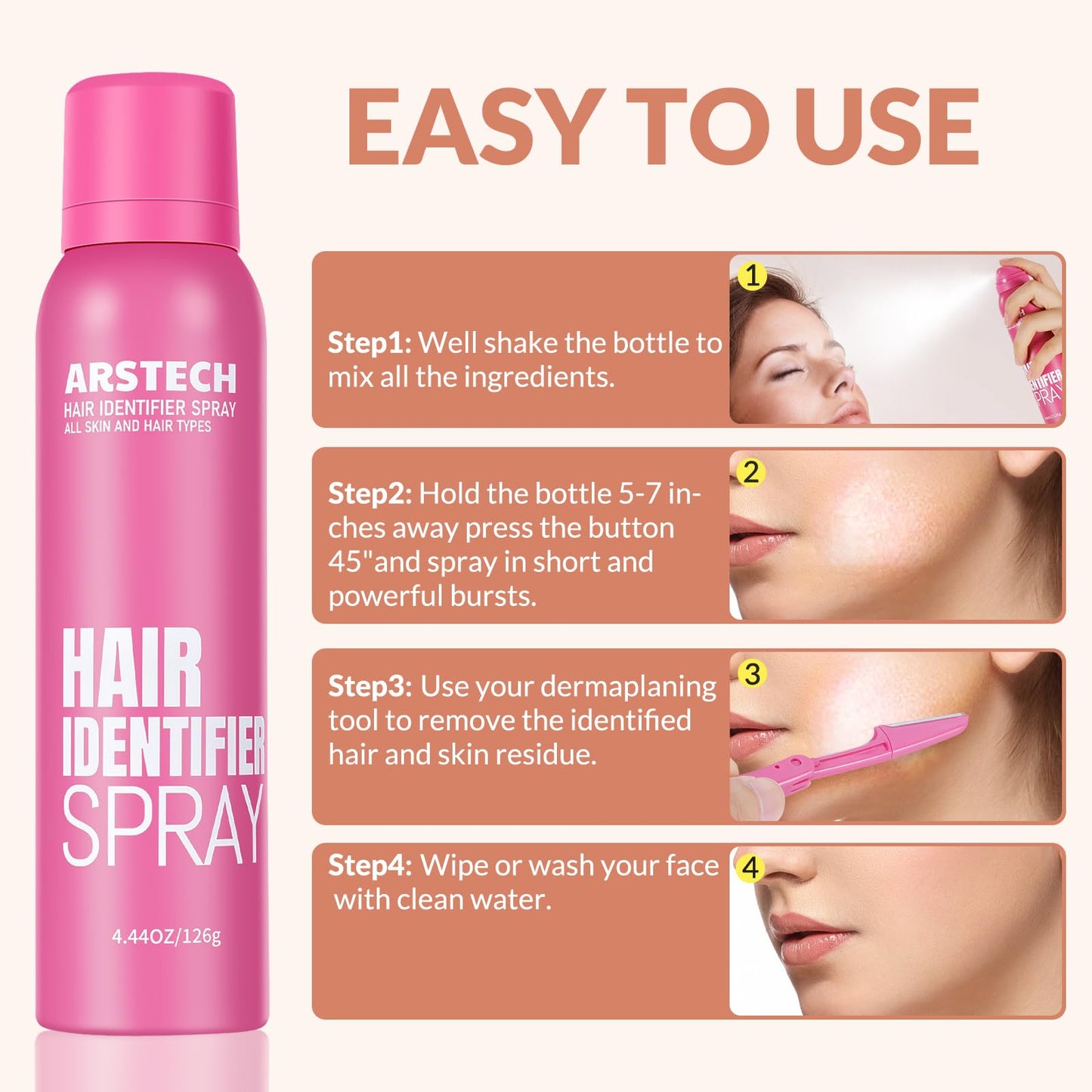Hair Identifier Spray for Face Shaving Dermaplaning Tool 4 Pack Skin Body Dermaplaning Spray for Women with 16 Face Razor for Face Shaver Hair Removal Kit Excess Hair Dermaplane Razor for Women Face