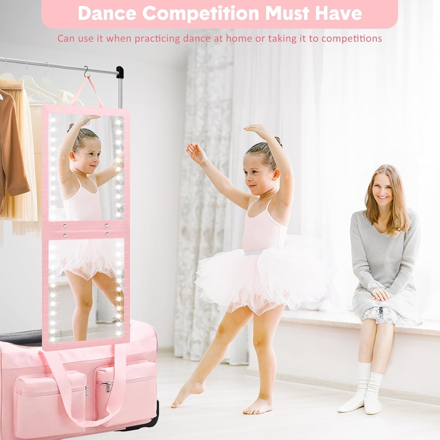 Lighted Hanging Mirror - Rechargeable LED Full Length Mirror with Adjustable Brightness | Portable Pink Travel Body Mirror for Dancers
