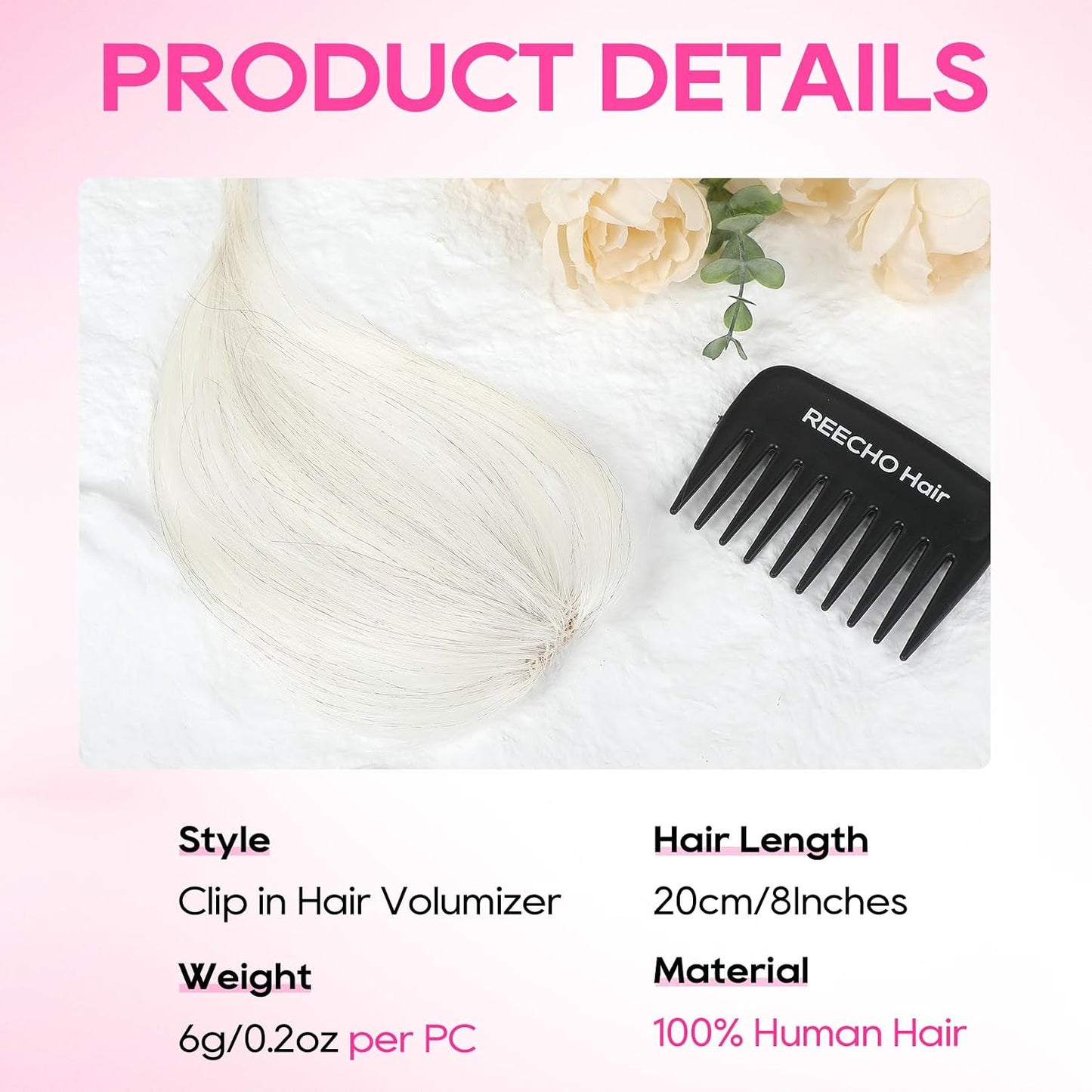 REECHO Clip-In Hair Volumizer - Short Thick Extensions for Thin Hair | Platinum Blonde with Black Strands, 8 Inch