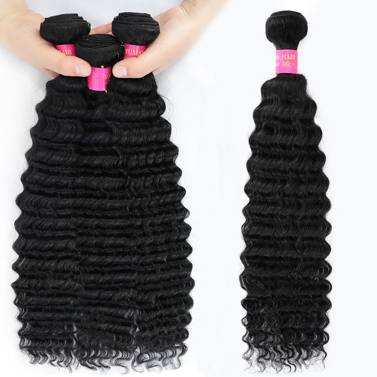 12A Deep Wave Human Hair Bundles 28 Inch Curly Bundles Human Hair 1 Bundles Human Hair 100% Unprocessed Brazilian Virgin Hair Extensions for Women Wet and Wavy Hair Bundle Weave Natural Black