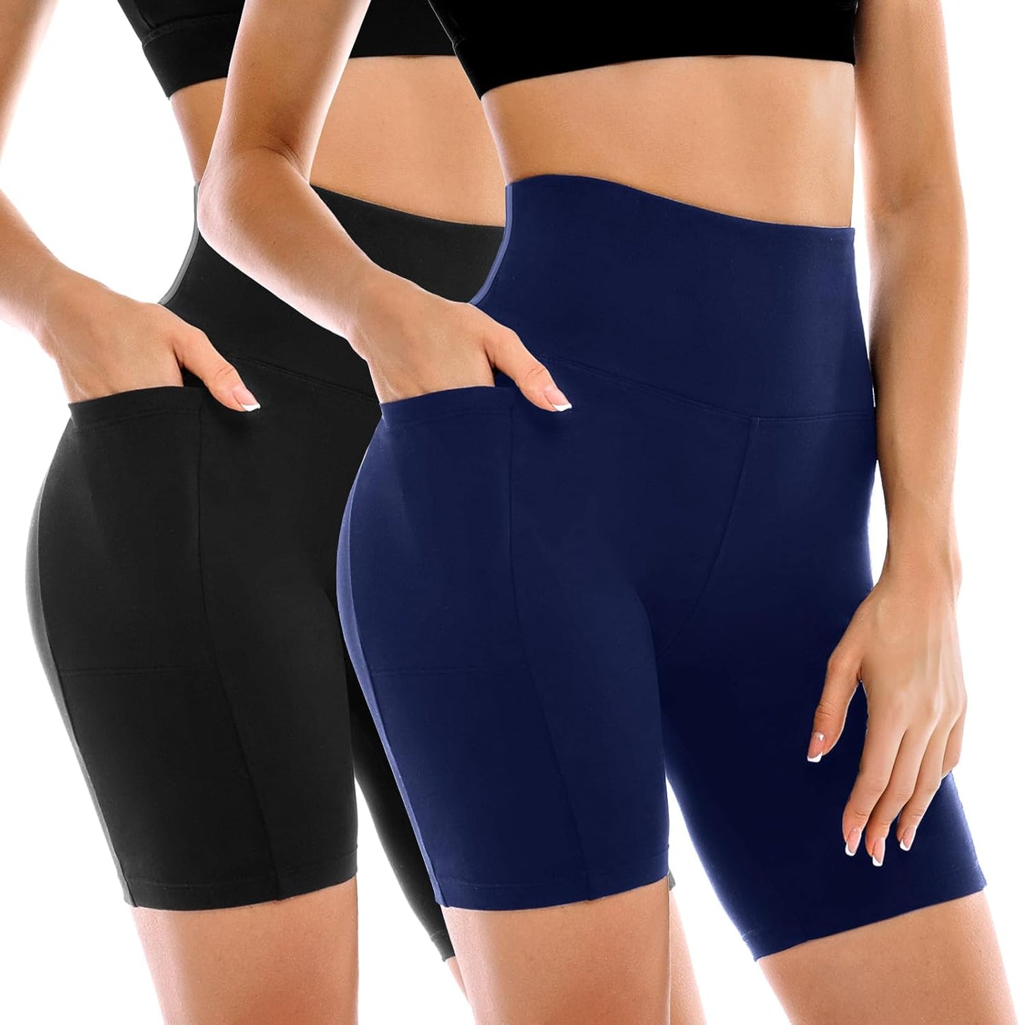 High Waisted Tummy Control Biker Shorts for Women - 2 Pack with Pockets | Yoga & Workout Gear