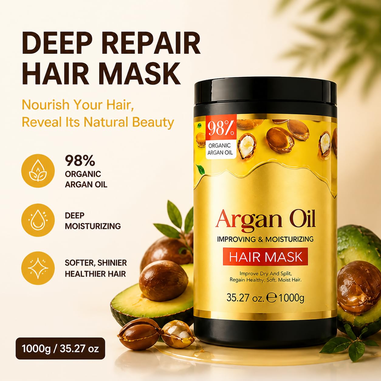 Argan Oil Hair Mask - Deep Conditioning Treatment for Damaged Hair | Anti-Frizz & Hydration - 35 oz