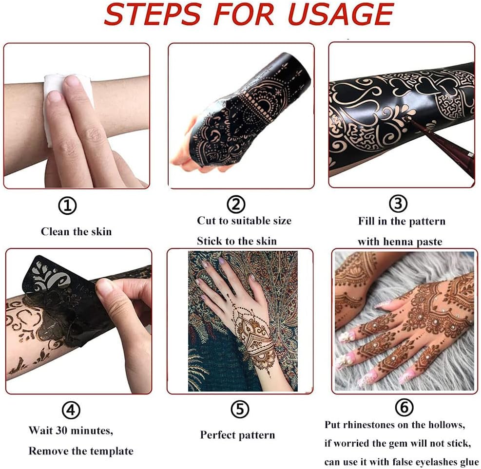 Henna Tattoo Stencils Kit - 12 Reusable Temporary Tattoo Stickers for Women | Indian & Arabian Designs