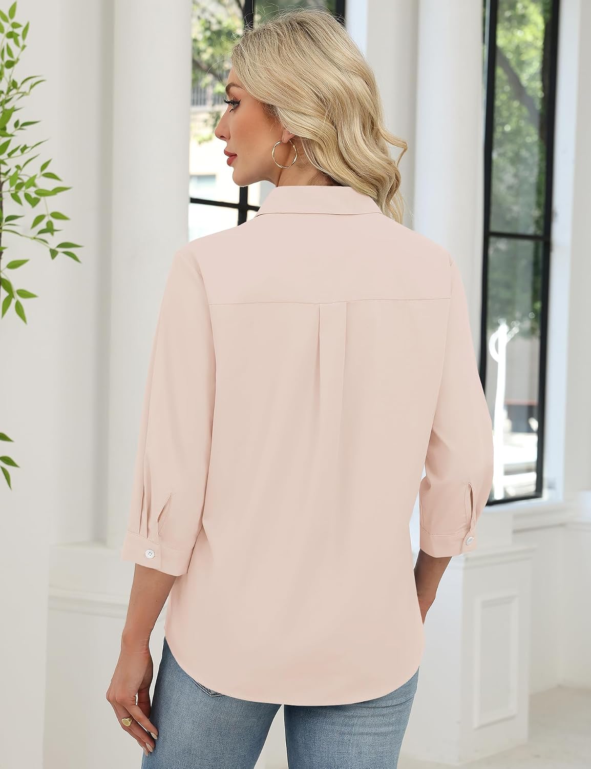 3/4 Length Sleeve Women's Dressy V-Neck Collared Tops - Trendy Business Casual Blouses for Work & Vacation