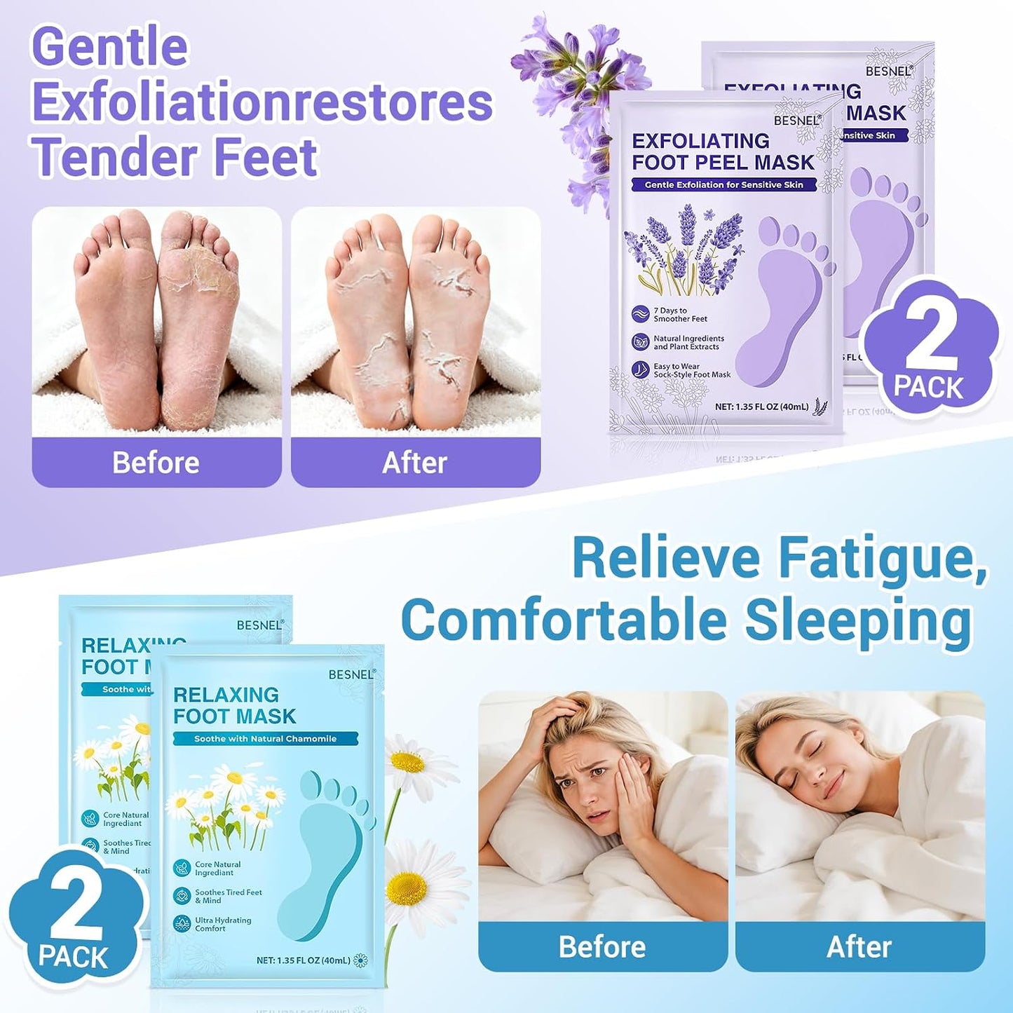 Moisturizing Foot Mask - Hydrating Socks for Dry Cracked Feet | 8 Pack, 4 Styles for Soft Skin